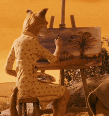 a fox is sitting at an easel painting a picture of trees
