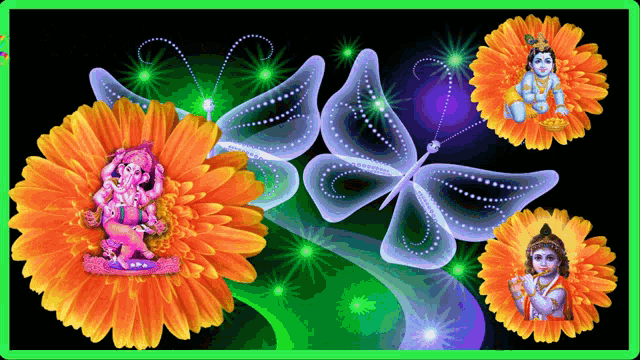 a painting of a butterfly with a statue of ganesha and a statue of krishna