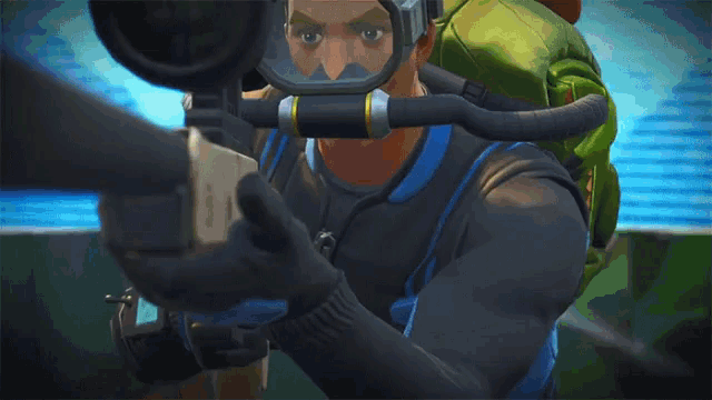 a cartoon character is holding a sniper rifle with a backpack on his back