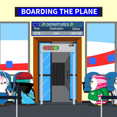 a cartoon of penguins boarding a plane with a sign that says " boarding the plane "