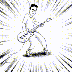 a black and white drawing of a man playing a guitar with the words riot area in red
