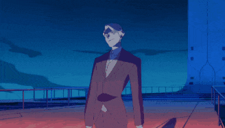 a man is standing in front of a blue box