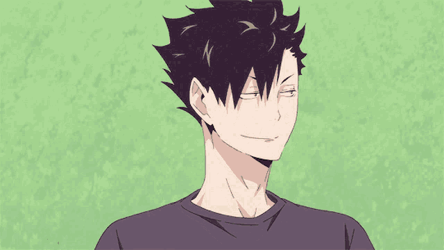 a black haired anime character with his eyes closed is smiling