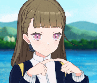 a girl with brown hair and pink eyes is making a peace sign with her hands