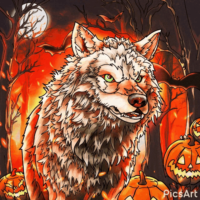 a drawing of a wolf surrounded by pumpkins with the word picsart below it