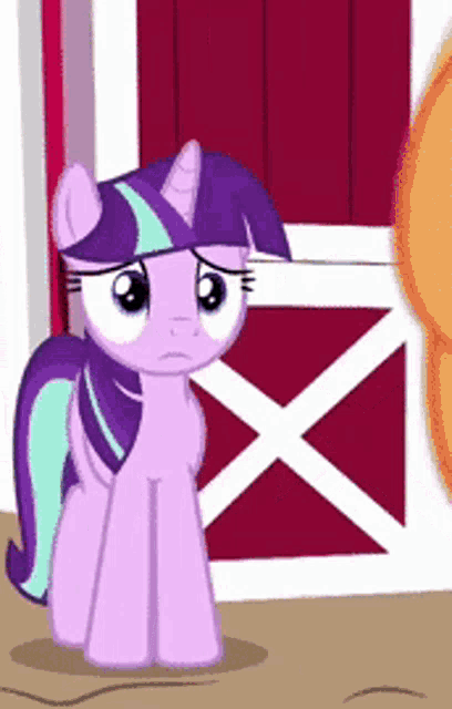 twilight sparkle from my little pony standing in front of a barn