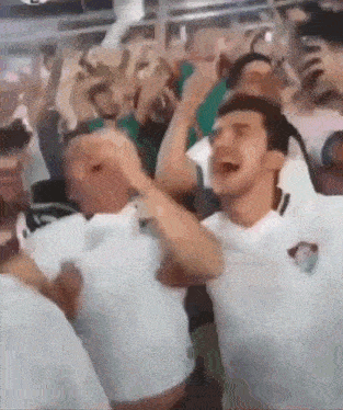 a group of people are standing in a stadium laughing and screaming .