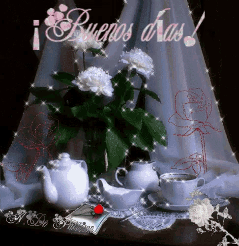 a greeting card that says buenos dias with a vase of flowers