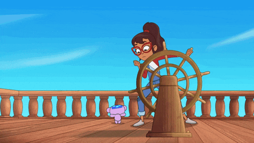 a boy and a girl standing next to a steering wheel on a boat