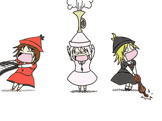 a cartoon of three girls playing musical instruments including a piano and a violin