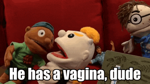 a group of puppets are sitting on a red couch and one of them is saying he has a vagina dude
