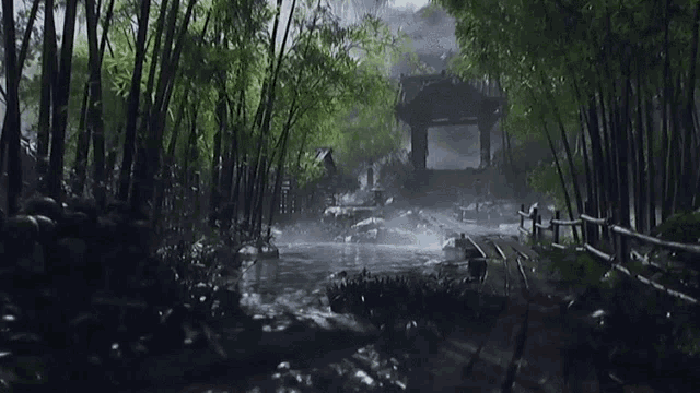 a bridge in the middle of a forest leads to a gazebo