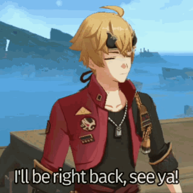 a cartoon character with horns on his head says i 'll be right back see ya