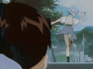 a girl in a blue skirt is running towards a man in a white shirt