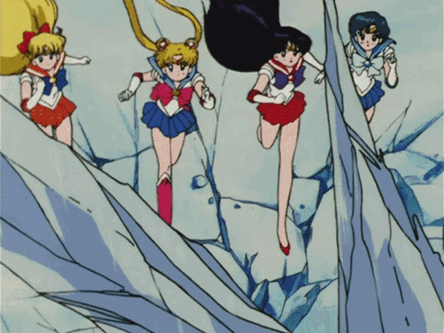 a group of anime characters are running across a snowy landscape