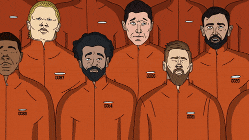 a group of men in orange jumpsuits with numbers on their sleeves