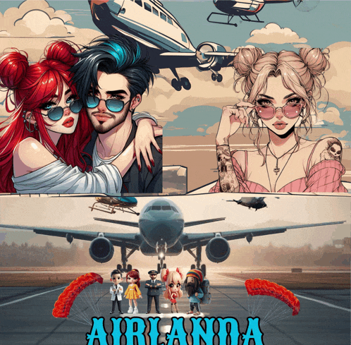 a poster for airlandia shows a man and a woman standing in front of a plane