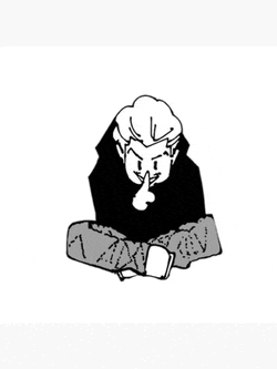 a black and white drawing of a man sitting on the floor with his finger to his lips .