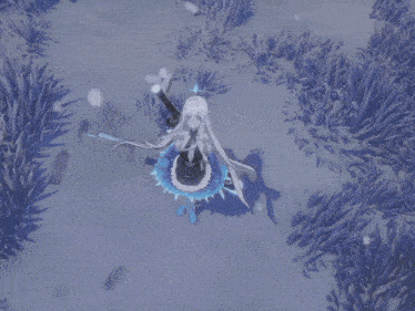 a girl with long white hair and a blue dress is standing in the snow