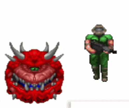 a video game character standing next to a red and blue monster