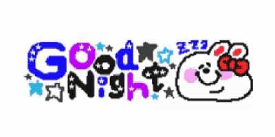 a pixel art drawing of a bear with a bow on its head and the words good night