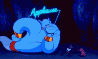 a cartoon character with a neon sign that says applause in the background