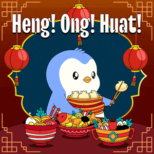 a penguin is holding a bowl of food with chopsticks and the words heng ong huat written above it