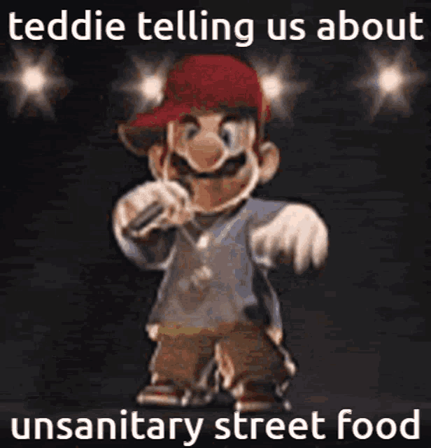 a cartoon character is singing into a microphone while standing in front of a crowd .