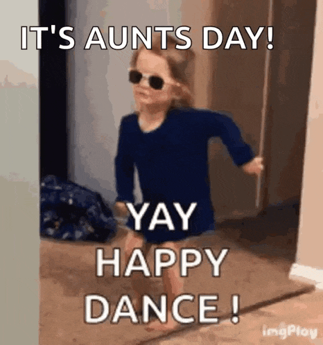 a little girl wearing sunglasses and a blue shirt is dancing in a room .