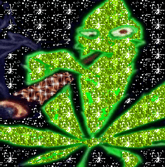 a picture of a person smoking a cigarette with a green leaf in the background