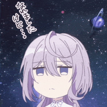 a drawing of a girl with purple hair and a planet in the background