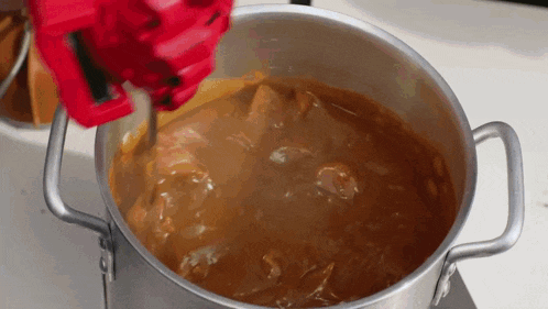 a pot of stew is being stirred by a red blender .
