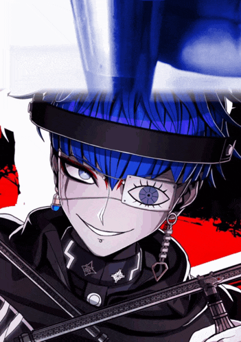 a cartoon character with blue hair and a black hat