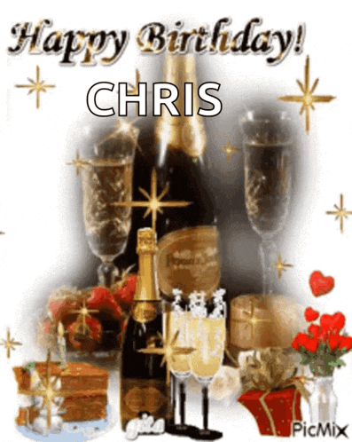 a happy birthday chris card with a bottle of champagne