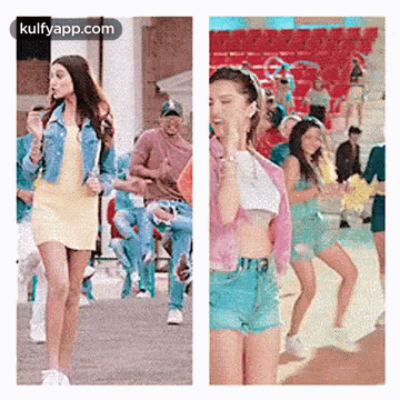 a woman in a yellow dress and a woman in a pink crop top are standing next to each other .