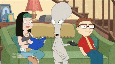 a cartoon shows a woman reading a book while a man sits on a couch holding a remote control