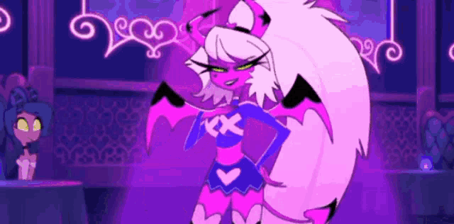 a cartoon character is standing in a room with a purple background and a purple dress .