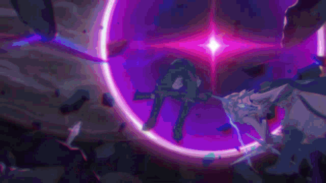 a person is standing in a purple circle with lightning coming from it .