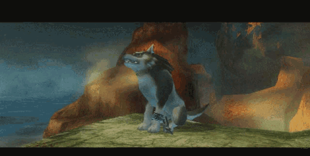 a cartoon wolf is sitting on a rock near the water