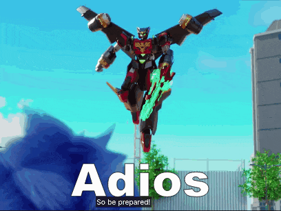 a robot is flying in the air with the words adios so be prepared