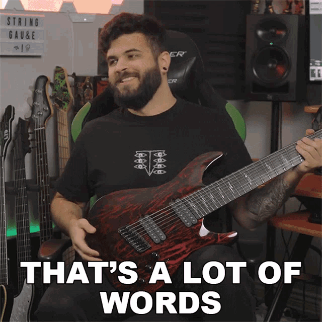 a man playing a guitar with the words " that 's a lot of words " below him