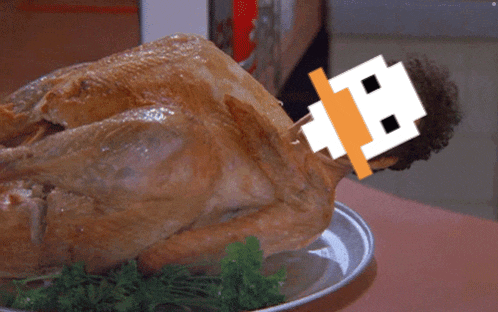 a roasted turkey on a plate with a pixelated face and the number 18