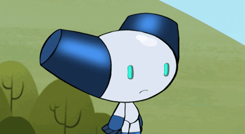 a cartoon character with a blue hat and a sad face