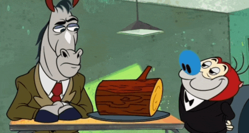 a cartoon horse and a cartoon monkey are sitting at a table with a log on it