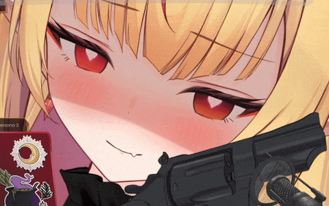 a close up of a girl holding a gun next to a card that says version 3