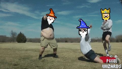three pixel wizards are dancing in a field with the words pixel wizards below them
