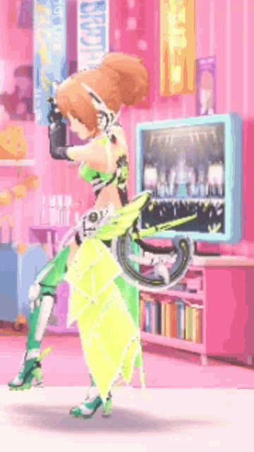 a girl in a green and yellow outfit is standing in front of a television in a pink room .