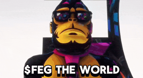 a cartoon gorilla wearing sunglasses and a scarf with the words $ feg the world below him