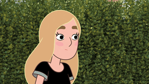 a cartoon girl with blonde hair is standing in front of a green hedge