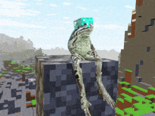 a frog wearing a blue hat is sitting on a block in a minecraft world